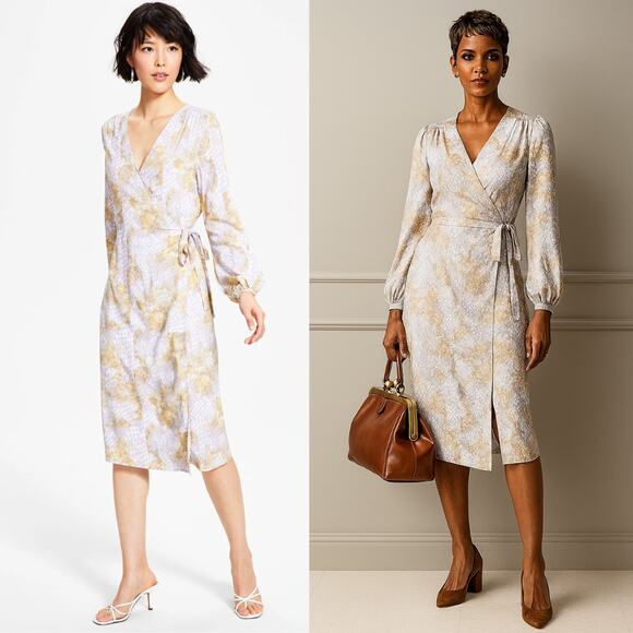 Tinsel Midi Wrap Midi Dress Snake Print Neutral Tones Petite LG Feminine Career - Picture 1 of 14
